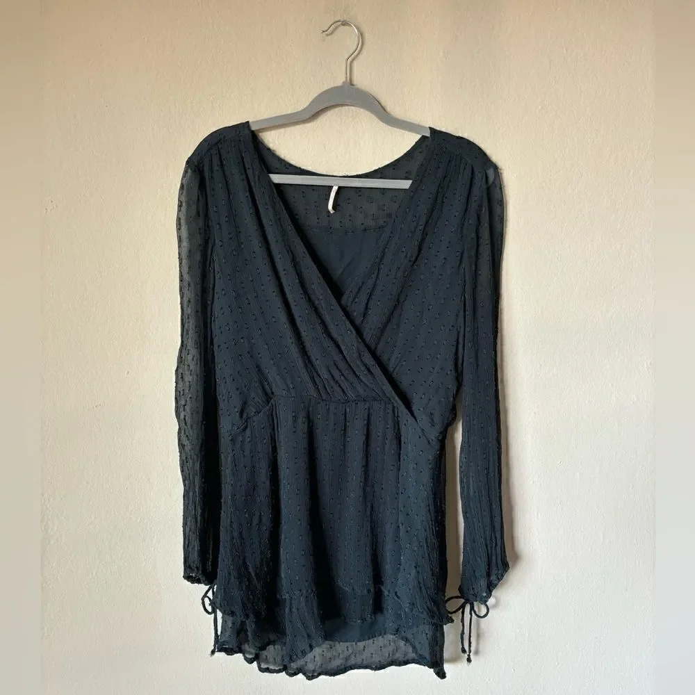 Free People Daliah Mini Blue Dress Long Sleeve Deep Blouse Size XS